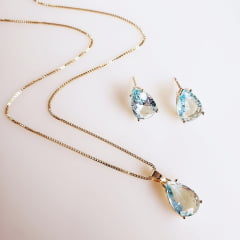 Conjunto colar + brinco com cristais azul aquamarine - banhado  ouro  