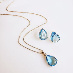 Conjunto colar + brinco com cristais azul aquarmarine 1- banhado a ouro  
