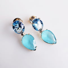 Conjunto colar + brinco com cristais azul aquarmarine - banhado a ouro   
