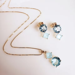 Conjunto colar + brinco com cristais azul fusion e azul aquamarine - banhado  ouro  
