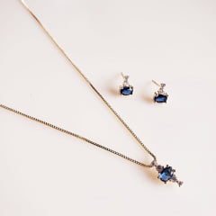 #Conjunto colar + brinco com cristais azul safira e zircônias - banhado a ouro 