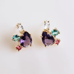 #Conjunto colar + brinco com cristais coloridos 3 - banhado  ouro   