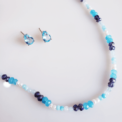 #Conjunto colar + brinco com cristais e pérola  - banhado a ouro