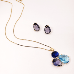 #Conjunto colar + brinco com cristais multicolor - banhado a ouro    