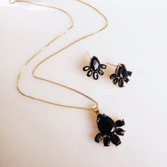 #Conjunto colar + brinco com cristais preto ônix - banhado a ouro   