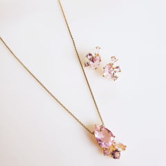 #Conjunto colar + brinco com cristais rosa bebê 3 - banhado  ouro  
