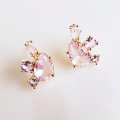 #Conjunto colar + brinco com cristais rosa bebê 3 - banhado  ouro  