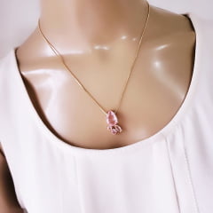 Conjunto colar + brinco com cristais rosa bebê 3 - banhado  ouro  