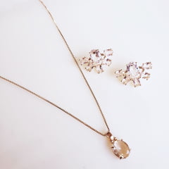 Conjunto colar + brinco com cristais rosa bebê - banhado a ouro 1