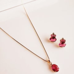 #Conjunto colar + brinco com cristais rosa turmalina - banhado a ouro 1