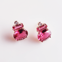#Conjunto colar + brinco com cristais rosa turmalina - banhado a ouro 1