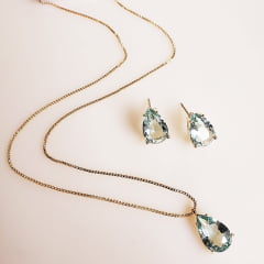 Conjunto colar + brinco com cristais verde aqua - banhado  ouro   