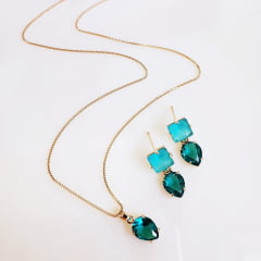 #Conjunto Colar + brinco com cristais verde - banhado a ouro 