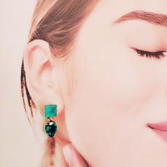 #Conjunto Colar + brinco com cristais verde - banhado a ouro 