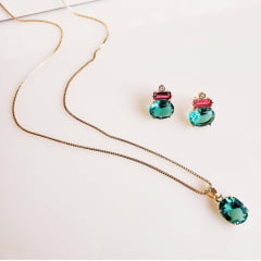 Conjunto colar + brinco com cristais verde e rosa turmalina - banhado a ouro 1 