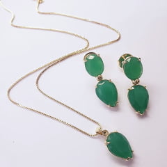 *Conjunto colar + brinco com cristais verde esmeralda 3- banhado a ouro  