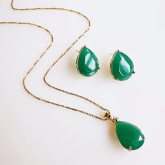 Conjunto colar + brinco com cristais verde esmeralda 4- banhado a ouro