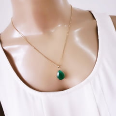 Conjunto colar + brinco com cristais verde esmeralda 4- banhado a ouro