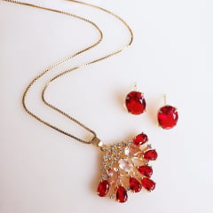 Conjunto colar + brinco com cristais vermelho rubi e rosa morganita - banhado  ouro 1 