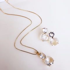 #Conjunto colar + brinco com cristais white - banhado  ouro     