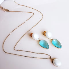 #Conjunto colar + brinco com cristal azul fusion e pérola shell - banhado  ouro  