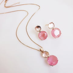#Conjunto Colar + brinco com cristal cherry e rosa - banhado a ouro
