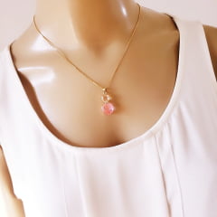#Conjunto Colar + brinco com cristal cherry e rosa - banhado a ouro