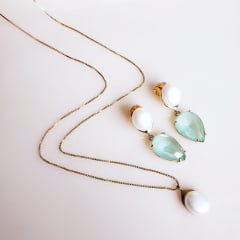#Conjunto colar + brinco com cristal menta fusion e pérola shell - banhado  ouro  