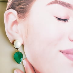 #Conjunto colar + brinco com cristal verde fusion e pérola shell - banhado  ouro   