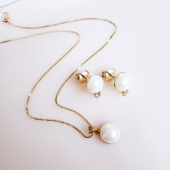 #Conjunto colar + brinco com cristal white e pérola shell - banhado  ouro