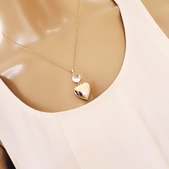 #Conjunto colar + brinco com cristal white e relicário - banhado a ouro    