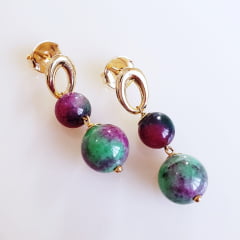 *Conjunto colar + brinco com quartzo melancia e pérola shell - banhado a ouro
