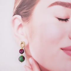 *Conjunto colar + brinco com quartzo melancia e pérola shell - banhado a ouro