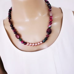 *Conjunto colar + brinco com quartzo melancia e pérola shell - banhado a ouro