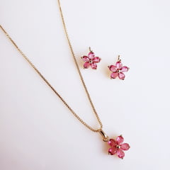 #Conjunto colar + brinco com rosa turmalina - banhado a ouro    