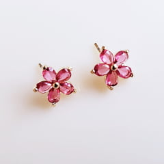 #Conjunto colar + brinco com rosa turmalina - banhado a ouro    