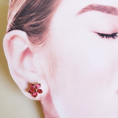 #Conjunto colar + brinco com rosa turmalina - banhado a ouro    