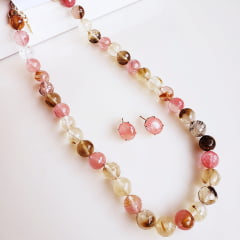 #Conjunto colar + brinco de pedras naturais cherry mesclada - banhado a ouro