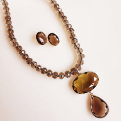 #Conjunto colar e brinco com cristais fumê - banhado a ouro  