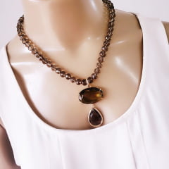 #Conjunto colar e brinco com cristais fumê - banhado a ouro  