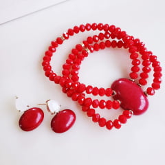 Conjunto pulseira + brinco com cristais vermelho rubi- banhado a ouro   