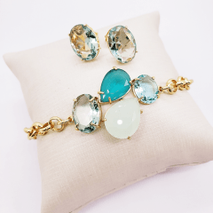 #Conjunto pulseira + brinco de cristais - banhado a ouro  
