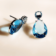 Brinco - cristal gota azul aquamarine - banhado a prata   