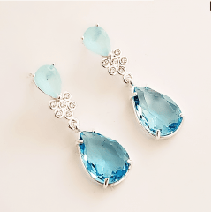 1-Brinco Filomema - de cristais azul aquamarine e zircônias - banhado a prata  