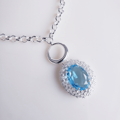 Colar corrente elo português e pingente cristal azul - banhado a prata 