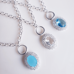 Colar corrente elo português e pingente cristal azul - banhado a prata 